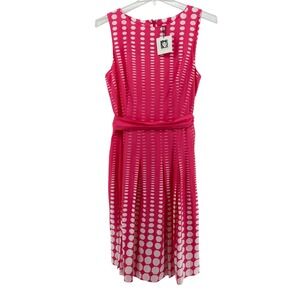 NWT Anne Klein Camellia Sleeveless Pink White Polka Dot Belted Midi Dress Sz 12